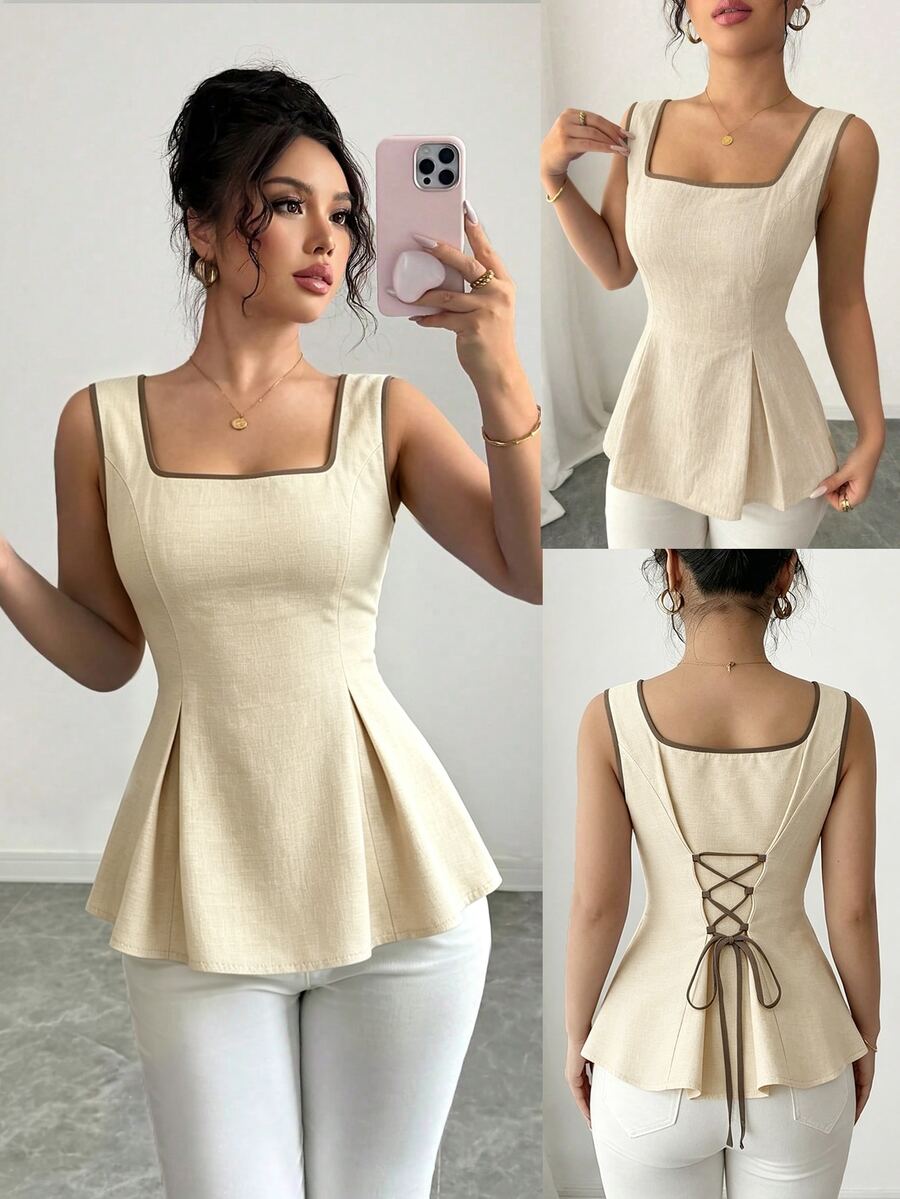 Elenzga Summer Elegant Square Neck Backwaist Tie Sleeveless Blouse For Women - Multicolor - View 1