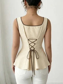 Elenzga Summer Elegant Square Neck Backwaist Tie Sleeveless Blouse For Women - Multicolor - View 3