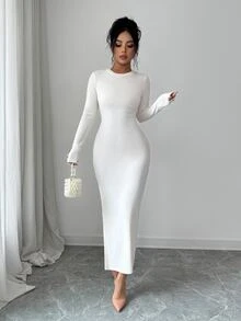 SHEIN Elenzya Gaun Rajut Bergaris Prancis Wanita, Gaun Midi Bodycon Slim Fit Lengan Panjang Leher Bulat, Cocok untuk Sehari-hari, Kencan, Sebagai Lapisan, dan Bepergian - Aprikot - View 6