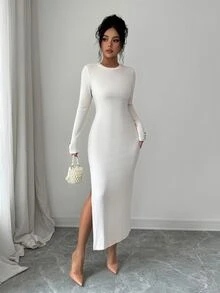 SHEIN Elenzya Gaun Rajut Bergaris Prancis Wanita, Gaun Midi Bodycon Slim Fit Lengan Panjang Leher Bulat, Cocok untuk Sehari-hari, Kencan, Sebagai Lapisan, dan Bepergian - Aprikot - View 3