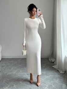 SHEIN Elenzya Gaun Rajut Bergaris Prancis Wanita, Gaun Midi Bodycon Slim Fit Lengan Panjang Leher Bulat, Cocok untuk Sehari-hari, Kencan, Sebagai Lapisan, dan Bepergian - Aprikot - View 4