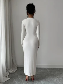 SHEIN Elenzya Gaun Rajut Bergaris Prancis Wanita, Gaun Midi Bodycon Slim Fit Lengan Panjang Leher Bulat, Cocok untuk Sehari-hari, Kencan, Sebagai Lapisan, dan Bepergian - Aprikot - View 2
