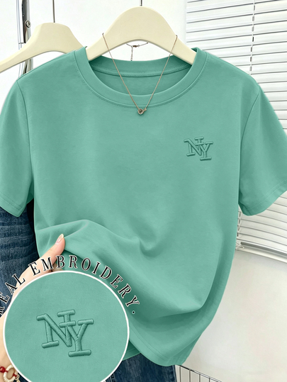 Franclia Women's New York NY Letter Embroidered Loose Round Neck Short Sleeve T-Shirt, Casual Summer Top, Mint Green Casual Short Sleeve, Elegant And Comfortable Design, Casual Outing T-Shirt