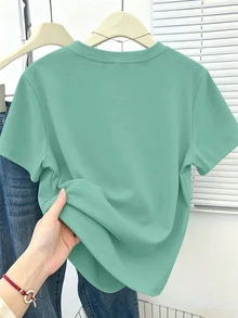 Franclia T-shirt feminina New York NY com bordado de letra, corte largo, gola redonda e manga curta, top casual de verão, verde menta, design elegante e confortável, t-shirt casual para passeios — foto 2