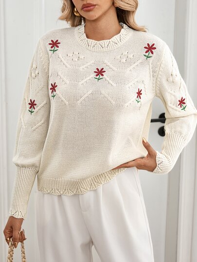 Sprig & Strand Women's French Sweet Vintage Red Floral Embroidered Crew Neck Sweater, Hollow Lace Lantern Sleeve Soft Pullover Knit Top, Autumn/Winter