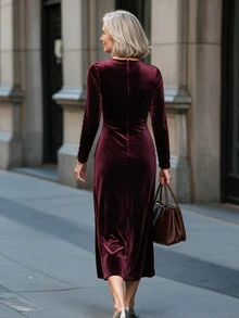Offisola Women Senior Surplice Neck Velvet Dress - Burgundy - View 2
