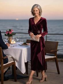Offisola Women Senior Surplice Neck Velvet Dress - Burgundy - View 6