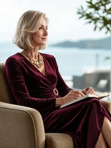 Offisola Women Senior Surplice Neck Velvet Dress - Burgundy - View 3