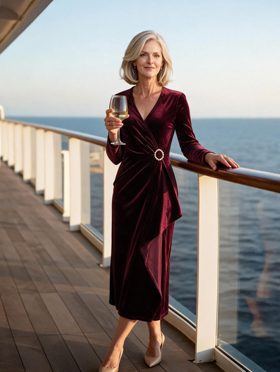 Offisola Women Senior Surplice Neck Velvet Dress