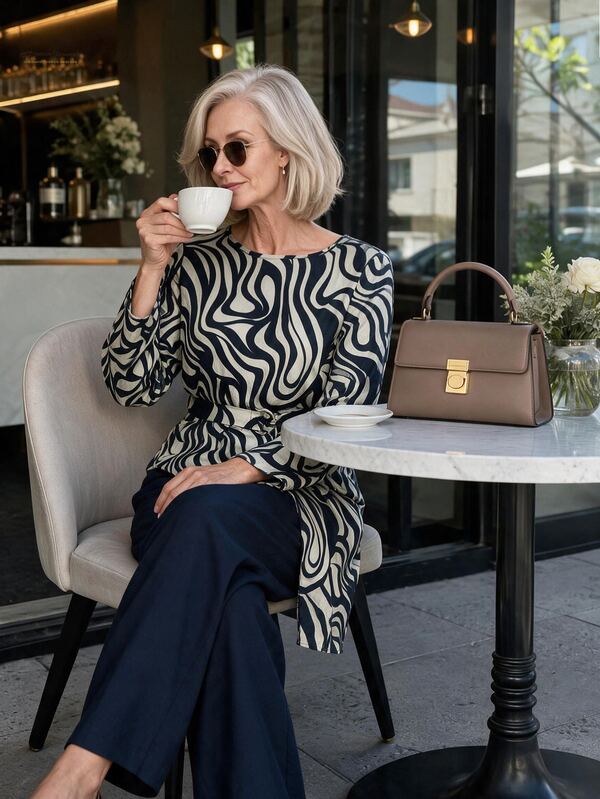 Offisola Women Senior Allover Print Asymmetrical Hem Belted Top & Wide Leg Pants Set