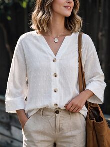 SHEIN LUNE Women's White Polka Dot Textured Woven Notched V-Neck 3/4-Sleeve Button-Front Loose Blouse For Office Brunch Casual Autumn Vibe Outfit - White - View 4