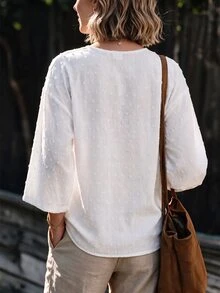 SHEIN LUNE Women's White Polka Dot Textured Woven Notched V-Neck 3/4-Sleeve Button-Front Loose Blouse For Office Brunch Casual Autumn Vibe Outfit - White - View 2