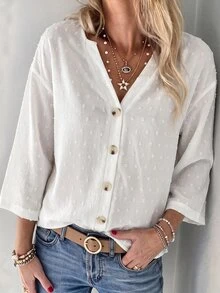 SHEIN LUNE Women's White Polka Dot Textured Woven Notched V-Neck 3/4-Sleeve Button-Front Loose Blouse For Office Brunch Casual Autumn Vibe Outfit - White - View 1