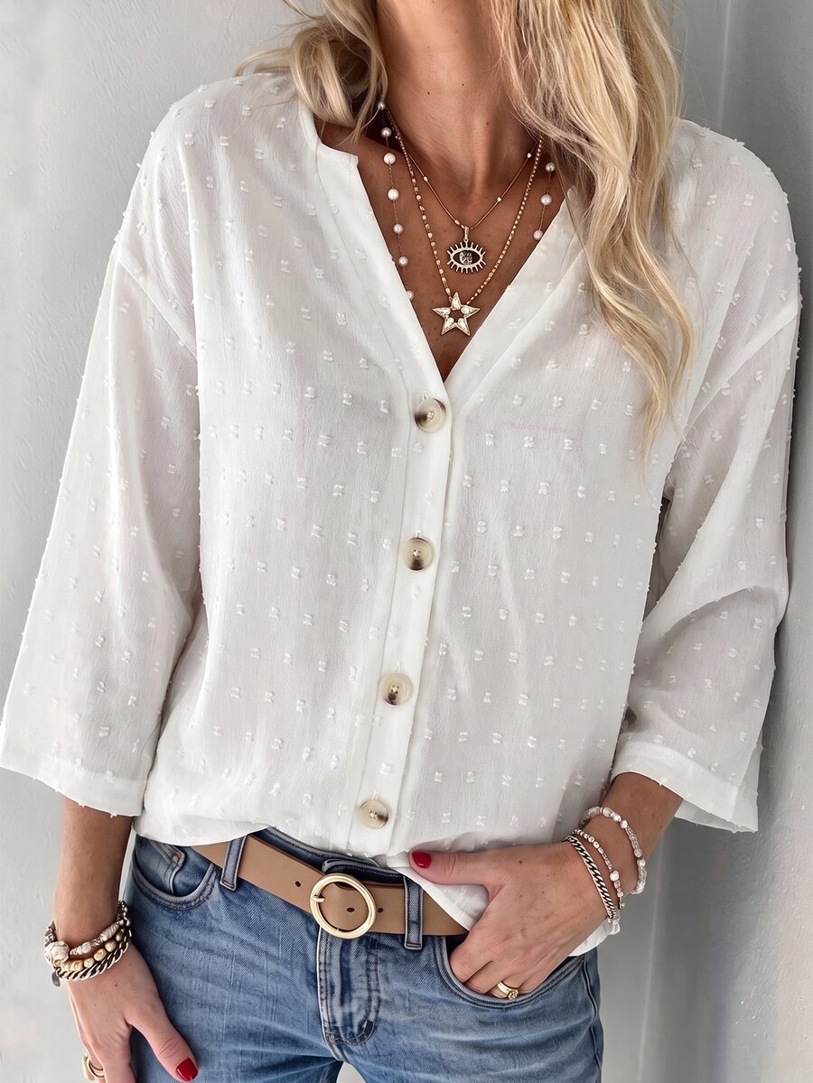 SHEIN LUNE Women's White Polka Dot Textured Woven Notched V-Neck 3/4-Sleeve Button-Front Loose Blouse For Office Brunch Casual Autumn Vibe Outfit - White - View 1