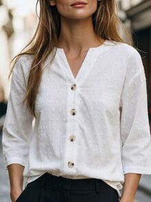 SHEIN LUNE Women's White Polka Dot Textured Woven Notched V-Neck 3/4-Sleeve Button-Front Loose Blouse For Office Brunch Casual Autumn Vibe Outfit - White - View 6