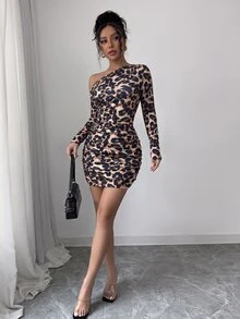 Elenzga 女款春秋休閒性感通勤派對夜店外訪棕色不對稱抓褶領長袖收腰緊身短洋裝，萬聖節穿搭 - 棕色 - 查看 3