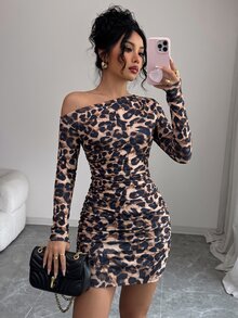 Elenzga 女款春秋休閒性感通勤派對夜店外訪棕色不對稱抓褶領長袖收腰緊身短洋裝，萬聖節穿搭 - 棕色 - 查看 4