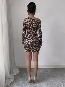 Elenzga 女款春秋休閒性感通勤派對夜店外訪棕色不對稱抓褶領長袖收腰緊身短洋裝，萬聖節穿搭 - 棕色 - 查看 2