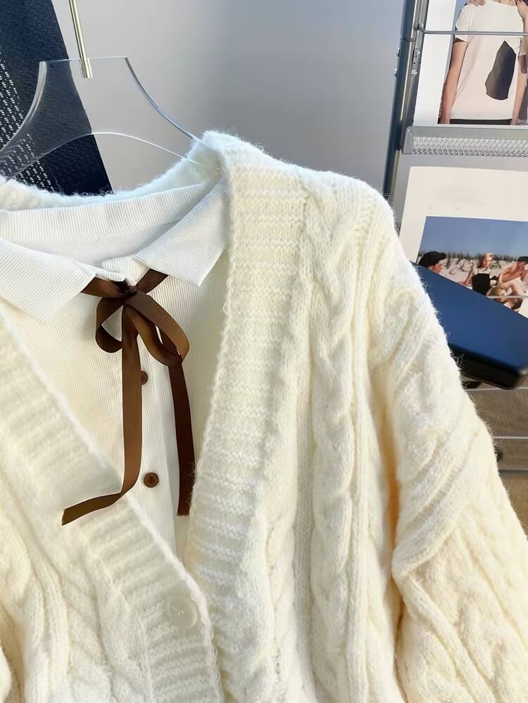 SHEIN Young Girl, Solid Color V-Neck Casual Long Knit Cardigan - White - View 3