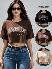 SHEIN Unity 3pcs Letter Graphic Drop Shoulder Tee Graphic Tees Women Tops - Multicolor - View 5
