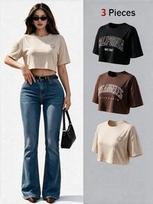 SHEIN Unity 3pcs Letter Graphic Drop Shoulder Tee Graphic Tees Women Tops - Multicolor - View 4