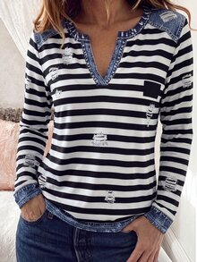 Yunfilé Kaos Lengan Panjang Kasual Motif Garis-Garis Patchwork untuk Wanita Paruh Baya - MultiWarna - View 1