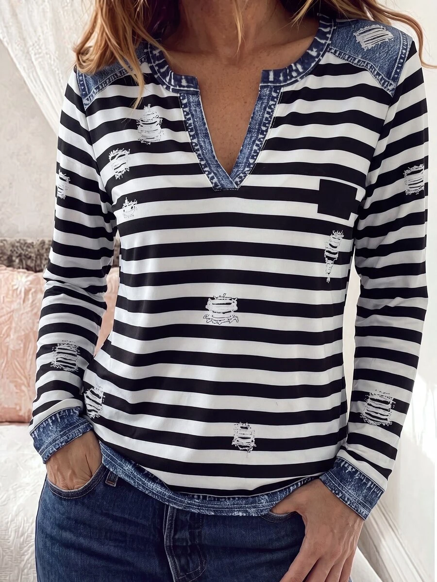 Yunfilé Kaos Lengan Panjang Kasual Motif Garis-Garis Patchwork untuk Wanita Paruh Baya - MultiWarna - View 1