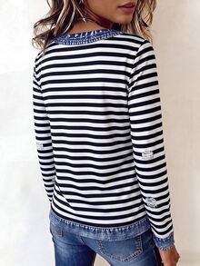 Yunfilé Kaos Lengan Panjang Kasual Motif Garis-Garis Patchwork untuk Wanita Paruh Baya - MultiWarna - View 2