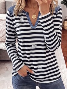 Yunfilé Kaos Lengan Panjang Kasual Motif Garis-Garis Patchwork untuk Wanita Paruh Baya - MultiWarna - View 4