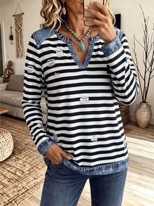 Yunfilé Kaos Lengan Panjang Kasual Motif Garis-Garis Patchwork untuk Wanita Paruh Baya - MultiWarna - View 5