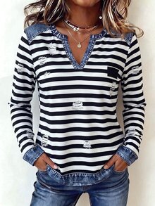 Yunfilé Kaos Lengan Panjang Kasual Motif Garis-Garis Patchwork untuk Wanita Paruh Baya - MultiWarna - View 3