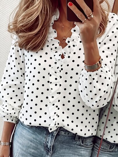 Yunfilé Women's Polka Dot Pattern Ruffle V-Neck Long Sleeve Blouse