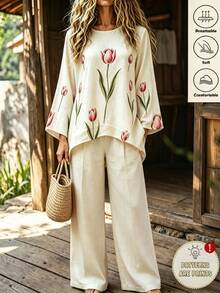 Holdful Holdful Floral Pattern Round Neck Loose Top For Middle-Aged Women Morning Formal White Autumn Elegant Matrix Casual Formal Fashion Week White - Multicolor - View 9