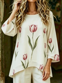 Holdful Holdful Floral Pattern Round Neck Loose Top For Middle-Aged Women Morning Formal White Autumn Elegant Matrix Casual Formal Fashion Week White - Multicolor - View 6