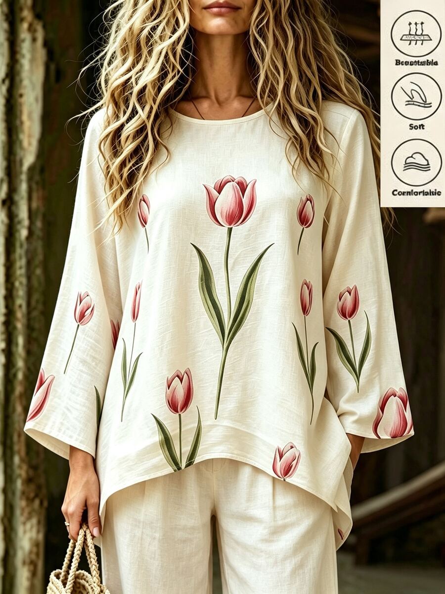 Holdful Holdful Floral Pattern Round Neck Loose Top For Middle-Aged Women Morning Formal White Autumn Elegant Matrix Casual Formal Fashion Week White - Multicolor - View 1