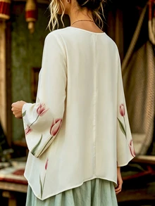 Holdful Holdful Floral Pattern Round Neck Loose Top For Middle-Aged Women Morning Formal White Autumn Elegant Matrix Casual Formal Fashion Week White - Multicolor - View 7