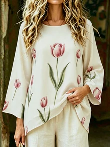 Holdful Holdful Floral Pattern Round Neck Loose Top For Middle-Aged Women Morning Formal White Autumn Elegant Matrix Casual Formal Fashion Week White - Multicolor - View 8