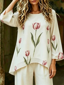 Holdful Holdful Floral Pattern Round Neck Loose Top For Middle-Aged Women Morning Formal White Autumn Elegant Matrix Casual Formal Fashion Week White - Multicolor - View 3