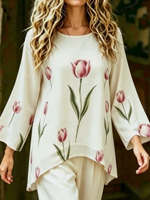 Holdful Holdful Floral Pattern Round Neck Loose Top For Middle-Aged Women Morning Formal White Autumn Elegant Matrix Casual Formal Fashion Week White - Multicolor - View 5
