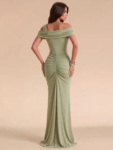 Bluhae European And American Sexy Off-Shoulder Niche Ruched Long Dress For Women - Green - View 2