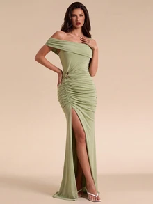 Bluhae European And American Sexy Off-Shoulder Niche Ruched Long Dress For Women - Green - View 4