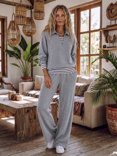 Holdful Holdful Women V Neck 2Pcs Loungewear Set Long Sleeve Top Wide Leg Pants Casual Tracksuit