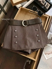 GlowEve Women's Solid Color Button Design Casual Preppy Elegant Versatile Skorts School Office Coffee Brown Summer - Coffee Brown - View 3