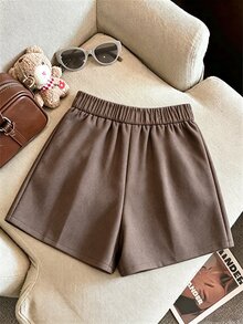 GlowEve Women's Solid Color Button Design Casual Preppy Elegant Versatile Skorts School Office Coffee Brown Summer - Coffee Brown - View 2