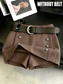 GlowEve Women's Solid Color Button Design Casual Preppy Elegant Versatile Skorts School Office Coffee Brown Summer - Coffee Brown - View 1