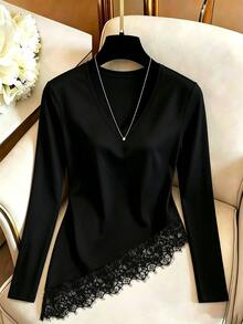 GlowEve Women's Solid Color V-Neck Long Sleeve Contrast Lace Asymmetric Hem Elegant T-Shirt - Black - View 4