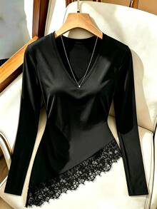 GlowEve Women's Solid Color V-Neck Long Sleeve Contrast Lace Asymmetric Hem Elegant T-Shirt - Black - View 2