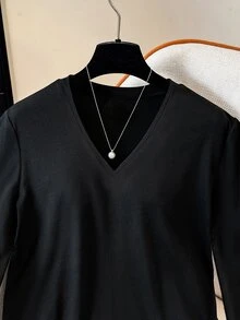 GlowEve Women's Solid Color V-Neck Long Sleeve Contrast Lace Asymmetric Hem Elegant T-Shirt - Black - View 5