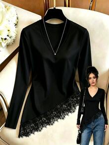 GlowEve Women's Solid Color V-Neck Long Sleeve Contrast Lace Asymmetric Hem Elegant T-Shirt - Black - View 7