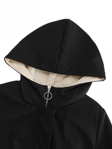 Yalmera 女款保暖內裡收腰連帽夾克外套，附口袋，黑色，秋冬休閒日常時尚優雅長袖派克大衣 - 黑色 - 查看 9